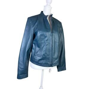 YVONNE LE MARIE Women Teal Blue Lamb Leather Moto Jacket 4 Full Zip Stand Collar